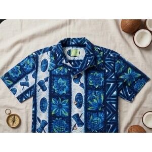Vtg 60s Ui-Maikai Hawaiian Shirt Tiki Mask Pineapple Blue Cotton Made in Hawaii